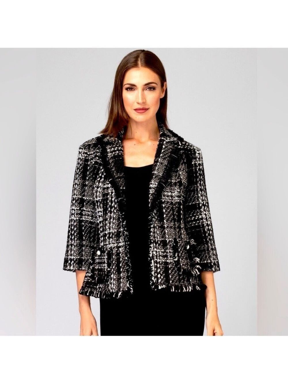 JOSEPH RIBKOFF Unlined Black & White Tweed Blazer Fringe Detail Open Front Sz 14